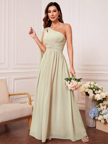 One Shoulder Cut Out Twist Front Bridesmaid Dress