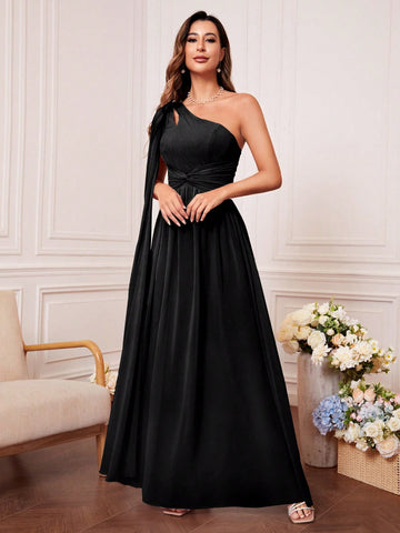 One Shoulder Cut Out Twist Front Bridesmaid Dress