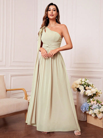 One Shoulder Cut Out Twist Front Bridesmaid Dress