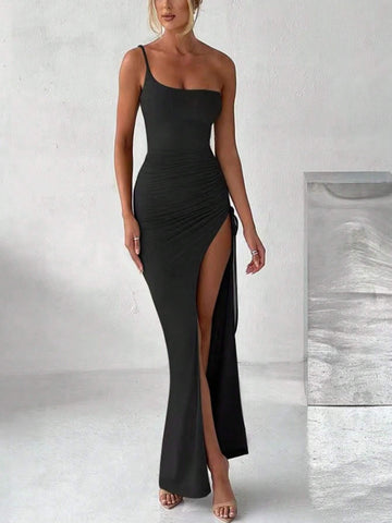 One Shoulder Drawstring Split Thigh Dress