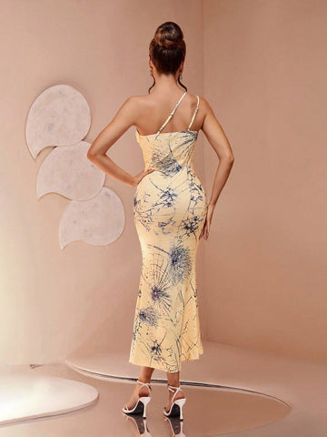 One Shoulder Elegant Sexy Personality Dopamine Printed High-End Unique Asymmetric Bodycon Dress With Front Slit, Waist Cinching, Figure Flattering, Suited For Parties, Celebrations, Gatherings, And Everyday Wear