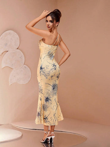 One Shoulder Elegant Sexy Personality Dopamine Printed High-End Unique Asymmetric Bodycon Dress With Front Slit, Waist Cinching, Figure Flattering, Suited For Parties, Celebrations, Gatherings, And Everyday Wear