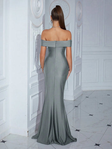 One Shoulder Front Slit Solid Color Party Prom Maxi Dress