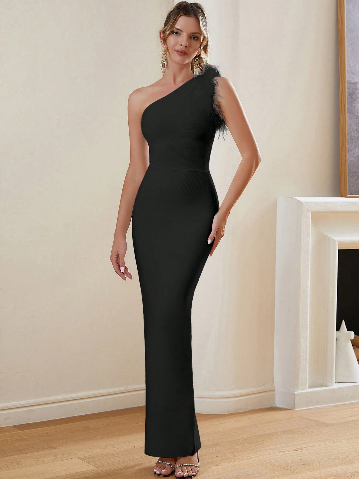 One Shoulder Fuzz Trim Bodycon Bandage Dress For Formal Evening Party