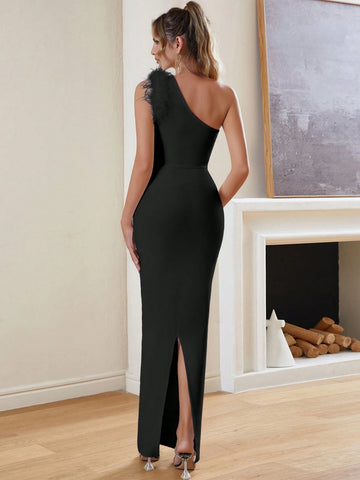 One Shoulder Fuzz Trim Bodycon Bandage Dress For Formal Evening Party