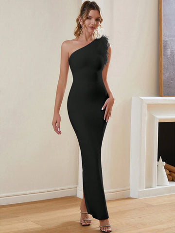 One Shoulder Fuzz Trim Bodycon Bandage Dress For Formal Evening Party