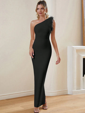 One Shoulder Fuzz Trim Bodycon Bandage Dress For Formal Evening Party