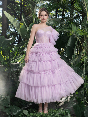 One Shoulder Lace Bodice Contrast Cascading Ruffle Hem Homecoming Cake Dress Perfect For Back To School, Gathering, Dance & Cocktail Events