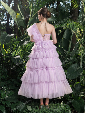 One Shoulder Lace Bodice Contrast Cascading Ruffle Hem Homecoming Cake Dress Perfect For Back To School, Gathering, Dance & Cocktail Events