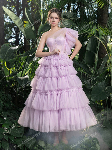 One Shoulder Lace Bodice Contrast Cascading Ruffle Hem Homecoming Cake Dress Perfect For Back To School, Gathering, Dance & Cocktail Events