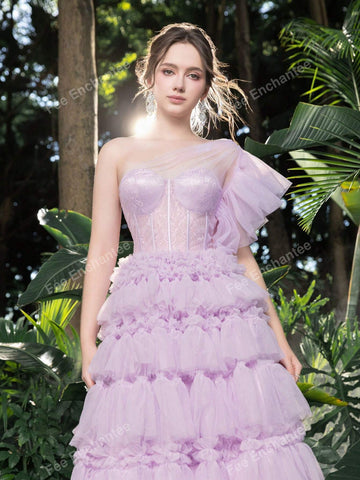 One Shoulder Lace Bodice Contrast Cascading Ruffle Hem Homecoming Cake Dress Perfect For Back To School, Gathering, Dance & Cocktail Events