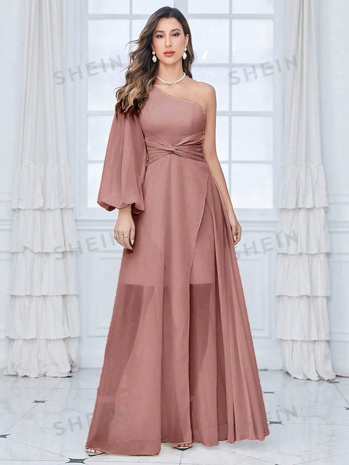 One Shoulder Lantern Sleeve Twist Front Chiffon Bridesmaid Dress