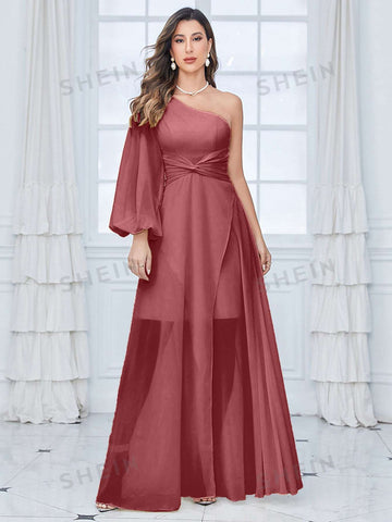 One Shoulder Lantern Sleeve Twist Front Chiffon Bridesmaid Dress