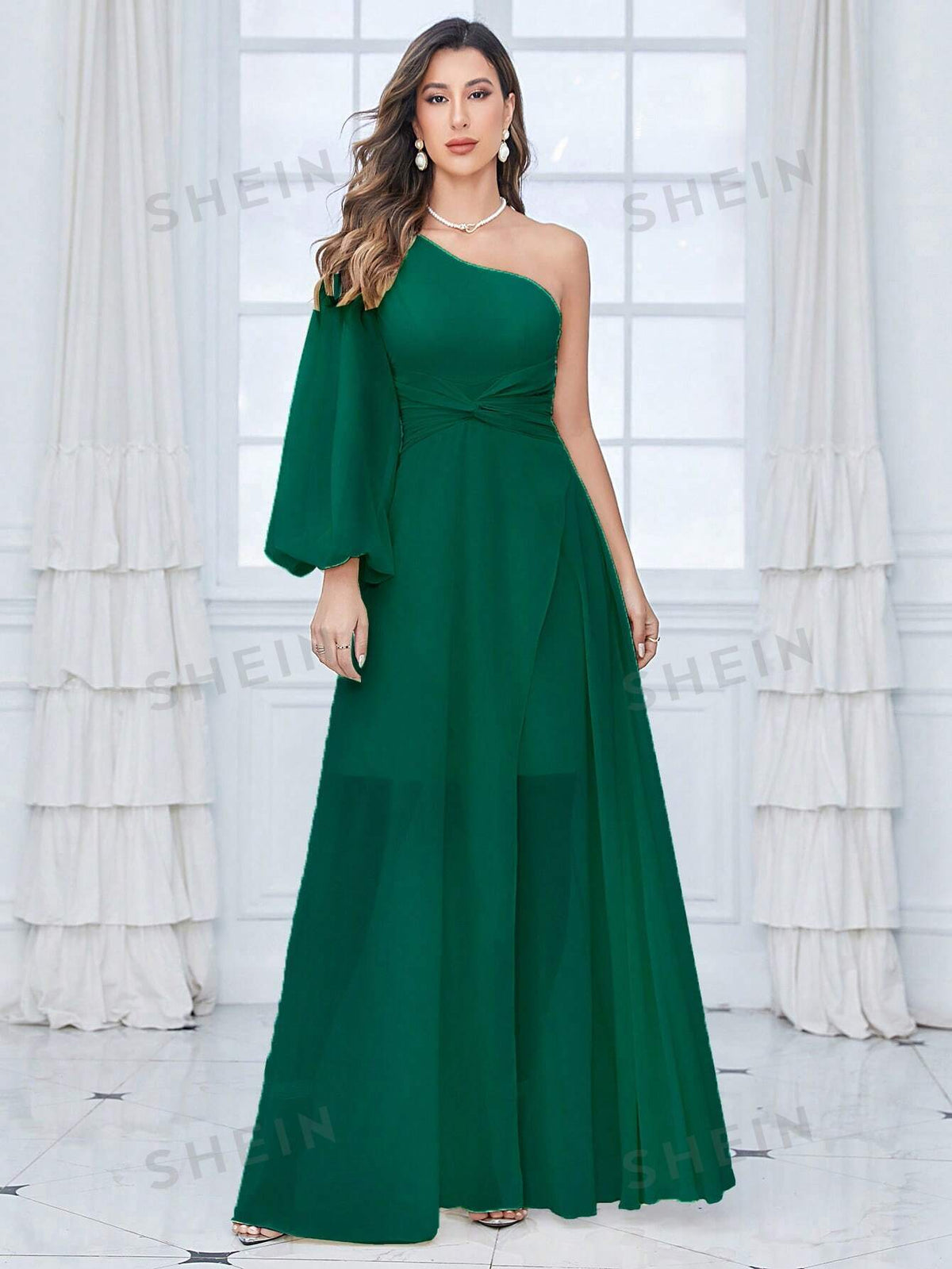 One Shoulder Lantern Sleeve Twist Front Chiffon Bridesmaid Dress