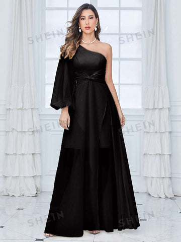 One Shoulder Lantern Sleeve Twist Front Chiffon Bridesmaid Dress