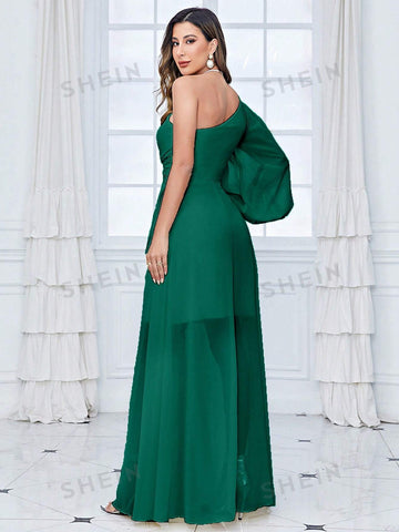 One Shoulder Lantern Sleeve Twist Front Chiffon Bridesmaid Dress