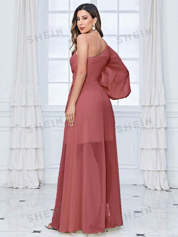 One Shoulder Lantern Sleeve Twist Front Chiffon Bridesmaid Dress