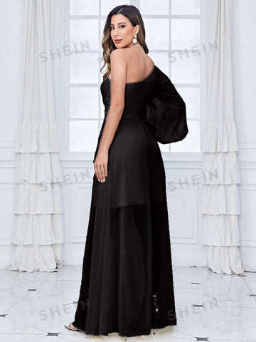 One Shoulder Lantern Sleeve Twist Front Chiffon Bridesmaid Dress