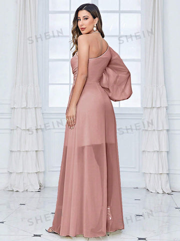 One Shoulder Lantern Sleeve Twist Front Chiffon Bridesmaid Dress
