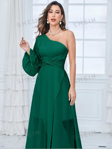 One Shoulder Lantern Sleeve Twist Front Chiffon Bridesmaid Dress