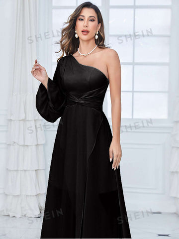 One Shoulder Lantern Sleeve Twist Front Chiffon Bridesmaid Dress