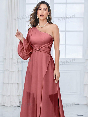 One Shoulder Lantern Sleeve Twist Front Chiffon Bridesmaid Dress