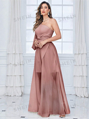 One Shoulder Lantern Sleeve Twist Front Chiffon Bridesmaid Dress