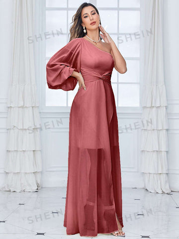 One Shoulder Lantern Sleeve Twist Front Chiffon Bridesmaid Dress