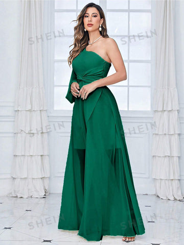 One Shoulder Lantern Sleeve Twist Front Chiffon Bridesmaid Dress