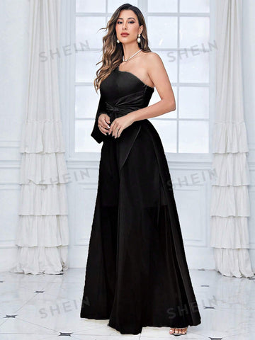 One Shoulder Lantern Sleeve Twist Front Chiffon Bridesmaid Dress