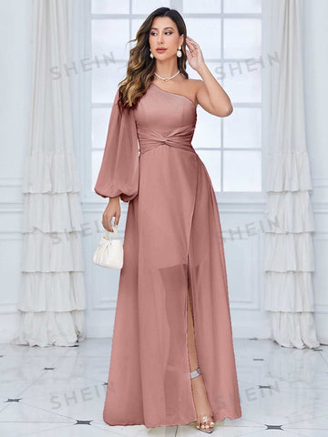 One Shoulder Lantern Sleeve Twist Front Chiffon Bridesmaid Dress