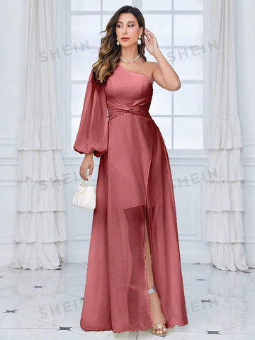 One Shoulder Lantern Sleeve Twist Front Chiffon Bridesmaid Dress