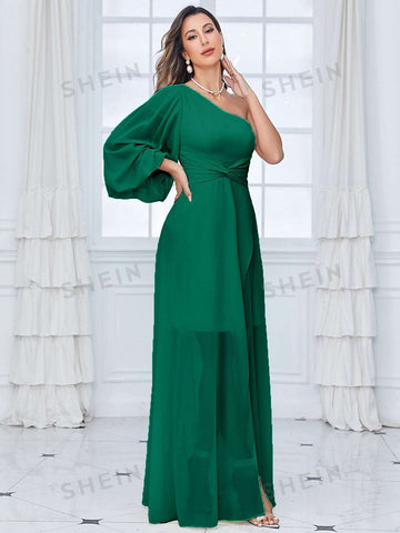One Shoulder Lantern Sleeve Twist Front Chiffon Bridesmaid Dress