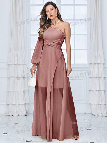 One Shoulder Lantern Sleeve Twist Front Chiffon Bridesmaid Dress