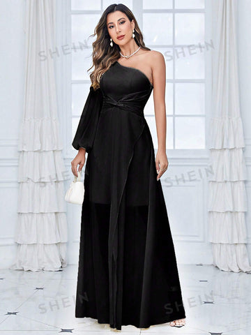 One Shoulder Lantern Sleeve Twist Front Chiffon Bridesmaid Dress