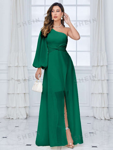 One Shoulder Lantern Sleeve Twist Front Chiffon Bridesmaid Dress