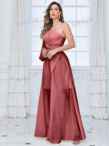 One Shoulder Lantern Sleeve Twist Front Chiffon Bridesmaid Dress