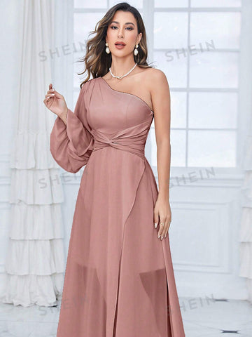 One Shoulder Lantern Sleeve Twist Front Chiffon Bridesmaid Dress