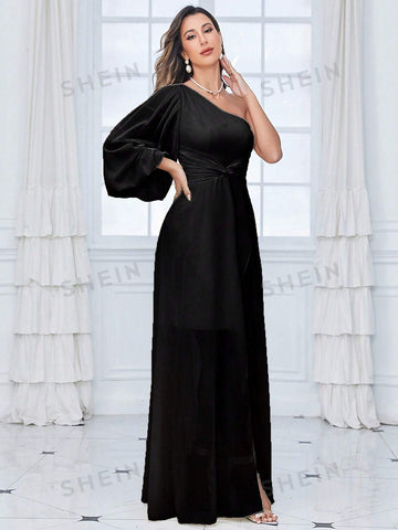 One Shoulder Lantern Sleeve Twist Front Chiffon Bridesmaid Dress