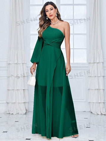 One Shoulder Lantern Sleeve Twist Front Chiffon Bridesmaid Dress