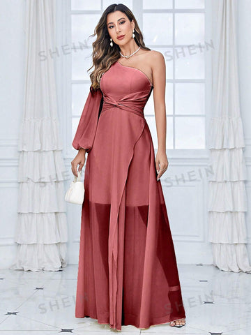 One Shoulder Lantern Sleeve Twist Front Chiffon Bridesmaid Dress