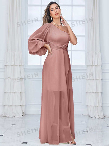 One Shoulder Lantern Sleeve Twist Front Chiffon Bridesmaid Dress