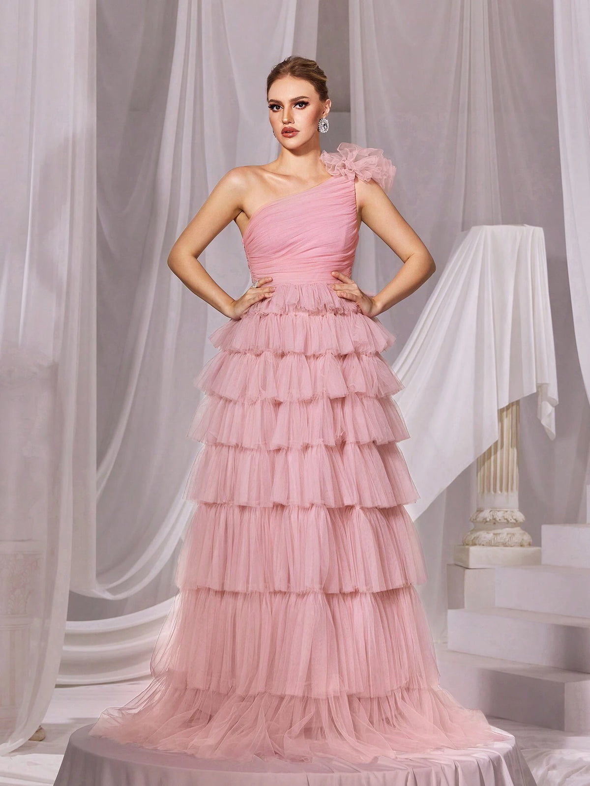 One Shoulder Mesh Cake Dress