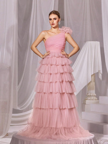 One Shoulder Mesh Cake Dress