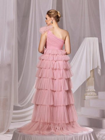 One Shoulder Mesh Cake Dress