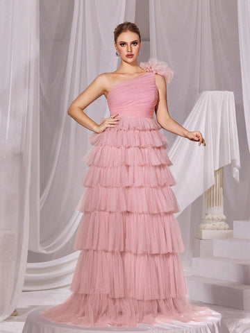 One Shoulder Mesh Cake Dress