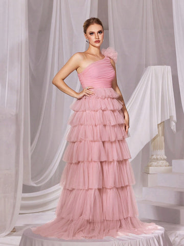 One Shoulder Mesh Cake Dress