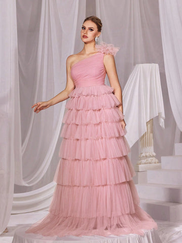 One Shoulder Mesh Cake Dress