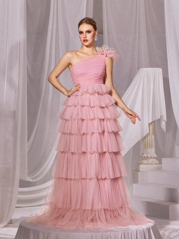 One Shoulder Mesh Cake Dress