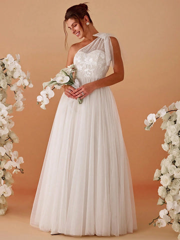 One Shoulder Pearl Dress Appliques Contrast Wedding Dress